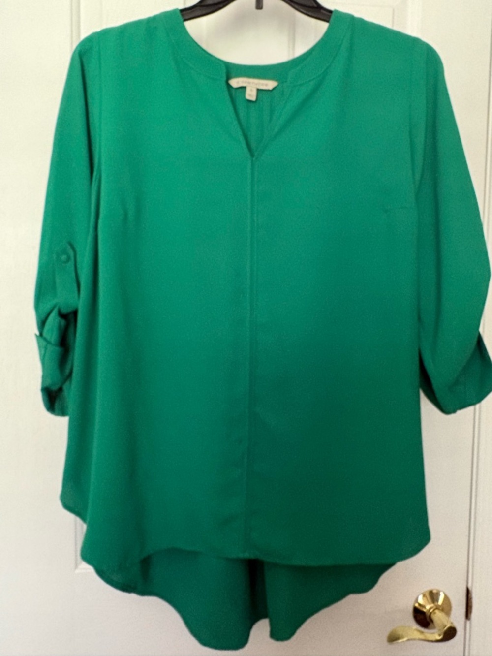 41 Hawthorn Teal Green V-Notch Roll Sleeve Blouse